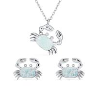 Collar Colgante De Cangrejo De Arena De Playa De Ópalo Blanco Creado Náutico De Vacaciones Tropicales De Piedras Preciosas Para Mujeres. Conjunto De Joyas De Plata Esterlina .925