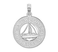 Collar con colgante circular de plata de ley 925 chapada en rodio con diseño de barco de vela de Newport, Rhode Island, 25,33 mm de largo, regalo de joyería para mamá, talla única, Metal Plata metal