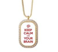 Collar con colgante con texto en inglés "Keep Calm Use Your Brain", color negro con diamantes y cristales, joyería dorada