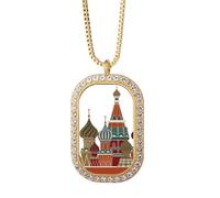 Collar con colgante cuadrado rojo de la catedral de Rusia con diamantes de cristal dorado