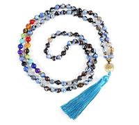 Collar con colgante de árbol de la vida hecho a mano con 108 cuentas de piedra natural de color cian dorado, 8 mm, pulsera de borla para yoga, meditación y regalo para mujer