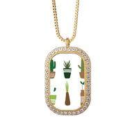 Collar con colgante de cactus y suculentas en maceta con diamantes de cristal dorado