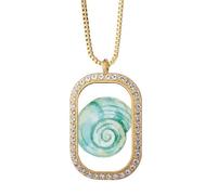 Collar con colgante de caracol de vida marina con ilustración azul de diamantes de cristal dorado