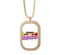 Collar con colgante de ciudad de porcelana morada con diamantes de cristal dorado