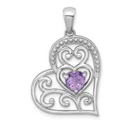 Collar con colgante de corazón abierto chapado en rodio pulido y cuentas de amatista de 21,1 mm, regalo de joyería para mamá, talla única, Piedra preciosa. Metal Amatista Piedra preciosa metal