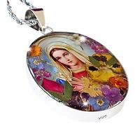 Collar con colgante de corazón de la Virgen María, plata de ley 925 con cadena de acero inoxidable de 50,8 cm, medalla de la Sagrada Familia, Medalla Virgen María, Señora Guadalupe, flor prensada