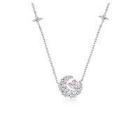 Collar con colgante de corazón de luna creciente para mujer, delicada cadena de tono plateado con piedras transparentes pavé y cristal de corazón rosa central, eslabones laterales con acento de