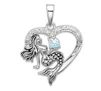 Collar con colgante de corazón de plata de ley 925 chapada en rodio con circonita cúbica oxidada artesanal de 20 mm, diseño de sirena, regalo de joyería para mamá, talla única, Zirconia cúbica Piedra
