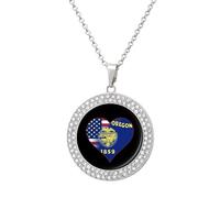 Collar con colgante de corazón y banderas del estado de Oregon de Estados Unidos para mujer, collares de diamantes redondos, regalos de joyería para hombres y cumpleaños, talla única, Metal