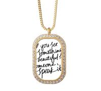 Collar con colgante de cristal de diamantes y oro con texto en inglés "something beautiful in some"