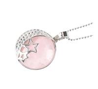Collar con Colgante de Cristal de Luna y Estrella,Colgante de Cuentas Naturales Redondas con Cadena Plateada,Gargantilla con Dije de Piedra Preciosa Pulida Para Mujeres y Hombres de Cuarzo Rosa.