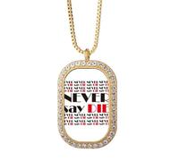 Collar con colgante de cristal dorado con cita "Never Say Die"