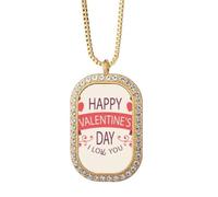 Collar con colgante de cristal dorado con diamantes y texto en inglés "Love You Happy Valentine's Day"