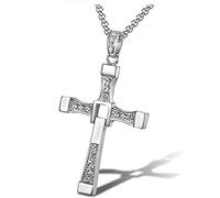 Collar con colgante de cruz con cristales, negro y plateado (plata), acero inoxidable para mujeres y hombres, cadena larga, diamantes pequeños (plata) Fast and The Furious Dominic Vin Diesel crucifijo