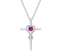 Collar con Colgante de Cruz Cristiana Infinito corazón para Mujer de Plata de Ley 925 y Rubí Rojo Sintético - Longitud Cadena: 40 + 5 cm