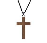 Collar con colgante de cruz de madera de nogal natural vintage con espejo retrovisor de madera, cordón de cuero ajustable para hombres y mujeres, oración espiritual, joyería religiosa