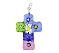 Collar con colgante de cruz Millefiori de cristal de Venecia de Murano para mujer. Cruz de cristal multicolor de 1.0 in con fianza plateada - Regalos de joyería de cristal de Murano hechos a mano en I