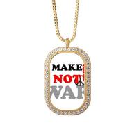 Collar con colgante de diamantes de cristal dorado con texto en inglés "Make sense not war love peworld"