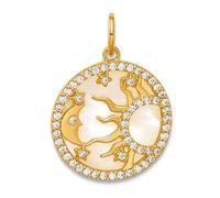 Collar con colgante de disco de oro amarillo macizo de 10 quilates de 14,25 mm, circonita cúbica pulida y madre de perla simulada, sol, luna celestial y estrellas, para mujer