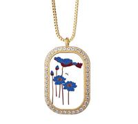 Collar con colgante de flor de loto azul con libélula y diamantes de cristal dorado