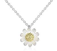 Collar con colgante de flor de margarita para mujeres y niñas pequeñas, plata de ley S925, colgante pequeño de girasol floral de dos tonos, vintage, cadena simple, bonita caja de regalo de cumpleaños