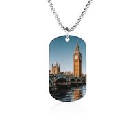 Collar con colgante de foto conmemorativa del Big Ben y las casas del Parlamento junto al río, cadena de caja de 23.6 pulgadas, collar militar ligero con placa de identificación para hombres y mujeres