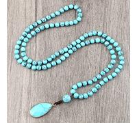 Collar con colgante de gota de piedra de pino azul bohemio para mujeres y hombres, 108 cuentas Mala, joyería vintage para yoga, meditación, collar anudado, regalo