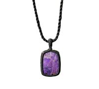 Collar con colgante de hilo de gema de suglita natural, forma rectangular con cadena de cordón de cuero, equilibrio y estabilidad, joyería hecha a mano, medallón de sanación profunda |LK_SGMP_0413