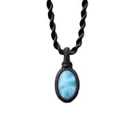 Collar con colgante de hilo de piedra preciosa larimar natural, forma ovalada, con cadena de cordón de cuero. Joyería caribeña artesanal de primera calidad. Medallón para sanación | LK_SGMP_0453