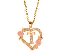Collar con colgante de inicial floral romántico, cadena de latón, delicado corte de corazón, joyería de moda, regalo de moda a juego, talla única, como se describe, como se describe
