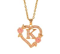 Collar con colgante de inicial floral romántico, cadena de latón, delicado corte de corazón, joyería de moda, regalo de moda a juego, talla única, como se describe, como se describe
