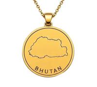 Collar con colgante de mapa de Bután de plata de ley 925 para hombre y mujer, chapado en oro, redondo de 30 mm, con grabado del contorno del país y cadena de 45 cm (18 pulgadas) |LKN_MAP_00892