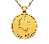 Collar con colgante de mapa de Colombia en plata de ley 925 para hombre y mujer, chapado en oro, redondo de 30 mm, con grabado del contorno del país y cadena de 45 cm (18 pulgadas) |LKN_MAP_00908