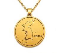 Collar con colgante de mapa de Corea en plata de ley 925 para hombre y mujer, chapado en oro, redondo de 30 mm, con grabado del contorno del país y cadena de 45 cm (18 pulgadas) |LKN_MAP_00963