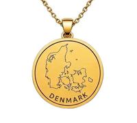 Collar con colgante de mapa de Dinamarca en plata de ley 925 para hombre y mujer, chapado en oro, redondo de 30 mm, con grabado del contorno del país y cadena de 45 cm (18 pulgadas) |LKN_MAP_00917