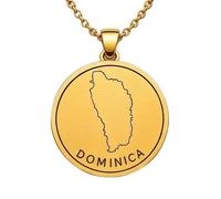 Collar con colgante de mapa de Dominica de plata de ley 925 para hombre y mujer, chapado en oro, redondo de 30 mm, con grabado del contorno del país y cadena de 45 cm (18 pulgadas) |LKN_MAP_00918