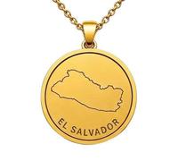 Collar con colgante de mapa de El Salvador de plata de ley 925 para hombre y mujer, chapado en oro, redondo de 30 mm, con grabado del contorno del país y cadena de 45 cm (18 pulgadas) |LKN_MAP_00923