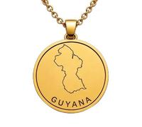 Collar con colgante de mapa de Guyana en plata de ley 925 para hombre y mujer, chapado en oro, redondo de 30 mm, con grabado del contorno del país y cadena de 45 cm (18 pulgadas) |LKN_MAP_00941