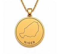 Collar con colgante de mapa de Níger de plata de ley 925 para hombre y mujer, chapado en oro, redondo de 30 mm, con grabado del contorno del país y cadena de 45 cm (18 pulgadas) |LKN_MAP_01000