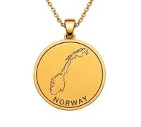 Collar con colgante de mapa de Noruega en plata de ley 925 para hombre y mujer, chapado en oro, redondo de 30 mm, con grabado del contorno del país y cadena de 45 cm (18 pulgadas) |LKN_MAP_01004