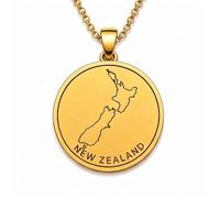 Collar con colgante de mapa de Nueva Zelanda en plata de ley 925 para hombre y mujer, chapado en oro, redondo de 30 mm, con grabado del contorno del país y cadena de 45 cm (18 pulgadas) |LKN_MAP_00998