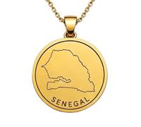 Collar con colgante de mapa de Senegal de plata de ley 925 para hombre y mujer, chapado en oro, redondo de 30 mm, con grabado del contorno del país y cadena de 45 cm (18 pulgadas) |LKN_MAP_01032