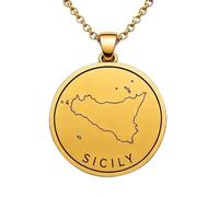 Collar con colgante de mapa de Sicilia en plata de ley 925 para hombre y mujer, chapado en oro, redondo de 30 mm, con grabado del contorno del país y cadena de 45 cm (18 pulgadas) |LKN_MAP_01035