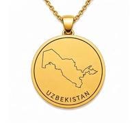 Collar con colgante de mapa de Uzbekistán de plata de ley 925 para hombre y mujer, chapado en oro, redondo de 30 mm, con grabado del contorno del país y cadena de 45 cm (18 pulgadas) |LKN_MAP_01070