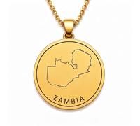Collar con colgante de mapa de Zambia en plata de ley 925 para hombre y mujer, chapado en oro, redondo de 30 mm, con grabado del contorno del país y cadena de 45 cm (18 pulgadas) |LKN_MAP_01075