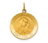 Collar con colgante de medalla de Nuestra Señora de los Dolores, oro amarillo de 14 quilates, parte trasera plana, grabable, pulido y satinado, mide 24,5 x 19 mm de ancho, joyería para mujer, Metal