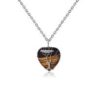 Collar con colgante de ojo de tigre con colgante de corazón, piedra preciosa curativa del árbol de la vida con alambre envuelto en piedra simple clásico hombres mujeres collares