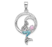Collar con colgante de sirena de plata de ley 925 chapada en rodio pulido y oxidado artesanalmente con circonita cúbica de imitación de diamante de imitación, regalo de joyería para mamá, talla única