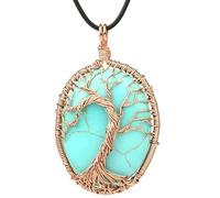 Collar con Colgante Ovalado de Árbol de La Vida Envuelto En Alambre de Cristal Natural para Mujeres y Hombres|Dije de Cuentas de Piedras Preciosas con Amuleto de Cadena de Pu,Gargantilla,Joyería,Re