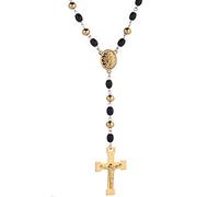 Collar con Colgante para Hombre y Mujer, Tono Dorado, Rosario Cruzado Negro, Cadena de 27 Pulgadas